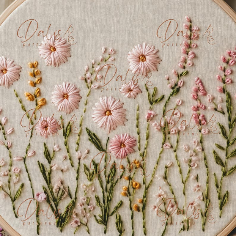 May include: Embroidered floral design featuring pink flowers with yellow centers and green stems on a cream-colored fabric. The text "Dalis Patterns" is written in a cursive font. The embroidery is set in a round wooden hoop.