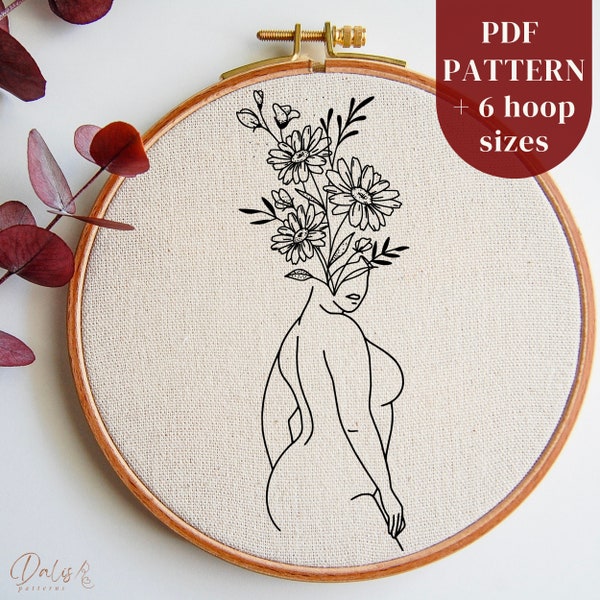 Body Positivity Modern Hand Embroidery PDF Pattern: Floral Curvy Female Design, Minimal DIY Hoop Art Pattern for Beginners, Instant Download