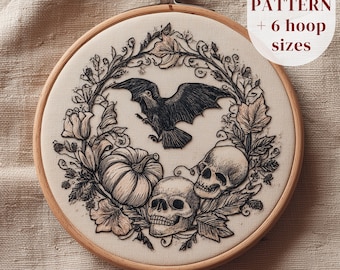 Gothic Halloween Embroidery Pattern, Haunted Hand Embroidery Design, Skulls, Pumpkin and Crow Template, Gothic Stitching Pattern, DIY Craft