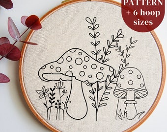 キノコ刺繍 PDF パターン テンプレート、気まぐれなキノココア デザイン、森の DIY 刺繍フープ アート、コテージコア ハンドメイド デコレーション