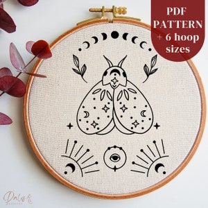 Celestial Moth Hand Embroidery PDF Pattern Template, Whimsy Insect Embroidery Hoop Art Design, Magic Butterfly Beginners Stitching Pattern