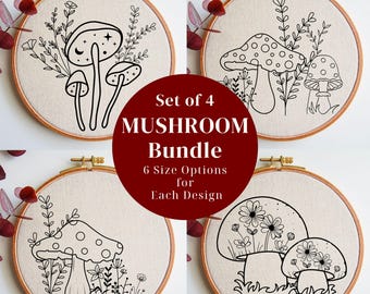 キノコ刺繍 PDF パターン バンドル、マッシュルームコア刺繍フープ アート デザイン、ウッドランド ステッチ テンプレート、コテージコア ハンドメイド デコレーション