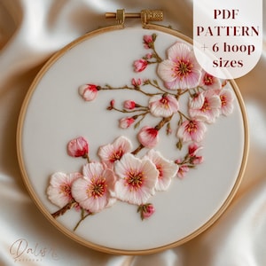 Patrón de bordado a mano de Sakura, diseño de rama de flor de cerezo primaveral, colores DMC, archivo PDF digital