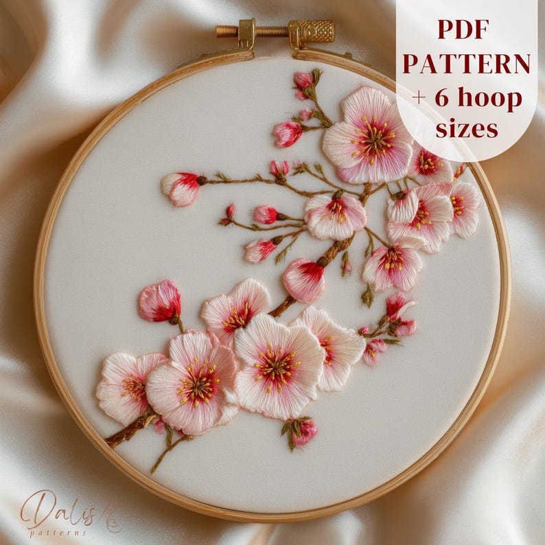 Sakura Hand Embroidery Pattern, Spring Cherry Blossom Branch Design ...