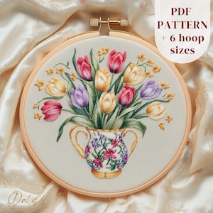 Vase of Tulips Hand Embroidery Design, Colorful Tulips DIY Embroidery Pattern, Spring Flowers Stitching Template, Floral Needlepoint Pattern