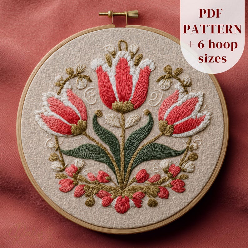 Vintage Floral Embroidery Pattern: Folk Art Tulip Flowers Design, Hand ...