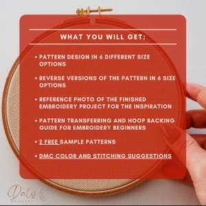 May include: A wooden embroidery hoop containing beige fabric, overlaid with a red text box titled WHAT YOU WILL GET: listing six items including pattern designs in 6 sizes, reverse versions, a reference photo, a guide, 2 free samples, and DMC suggestions.