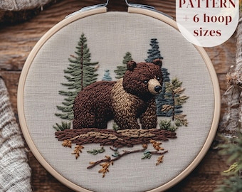 May include: Embroidered hoop art featuring a brown bear standing on a log in a forest setting. The bear is surrounded by green trees and brown branches. The hoop is made of wood and has a beige fabric background.