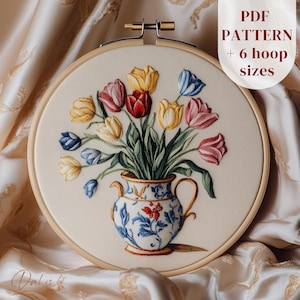 Vase of Tulips Hand Embroidery Pattern, Colorful Tulips Embroidery Design, Spring Flowers DIY Embroidery PDF Template, Digital Download