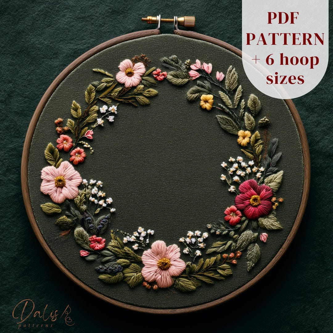 Floral Wreath Hand Embroidery Pattern: Cottagecore Botanical Hoop Art ...