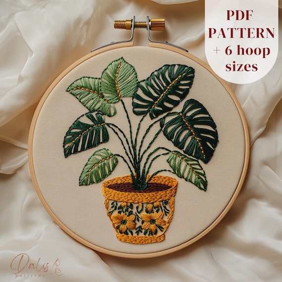 モンステラ・デリシオサの手刺繍パターン、鉢植え観葉植物の刺繍