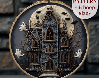 Patrón de bordado de casa embrujada, diseño de bordado a mano de Halloween, plantilla PDF de bordado gótico, patrón de costura de Halloween, manualidad DIY