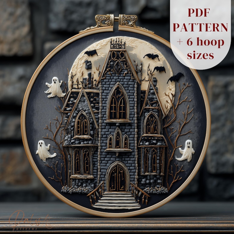 Haunted House Embroidery Pattern, Halloween Hand Embroidery Design ...