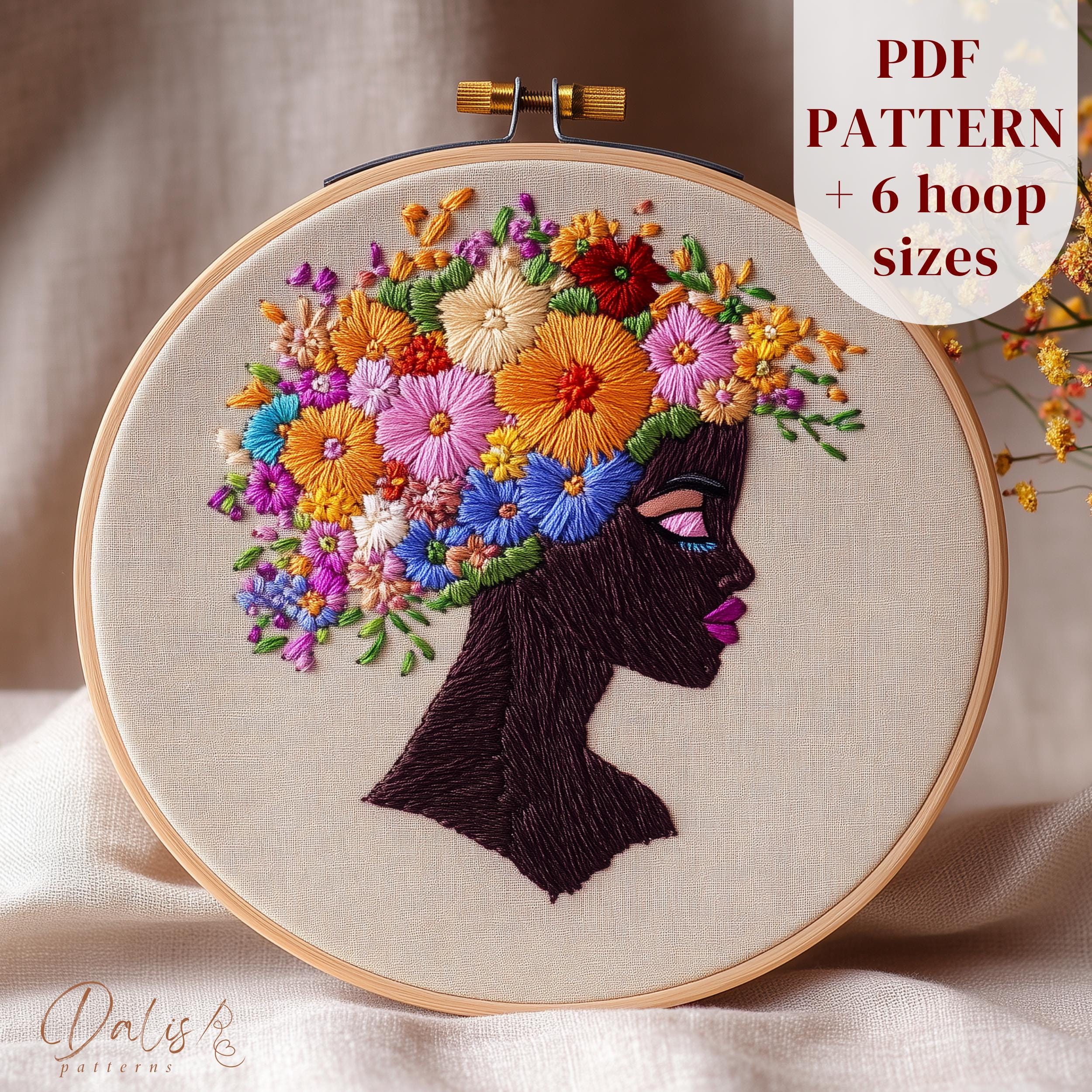 アフロ女性の手刺繍デザイン、アフリカの少女の花の刺繍パターン