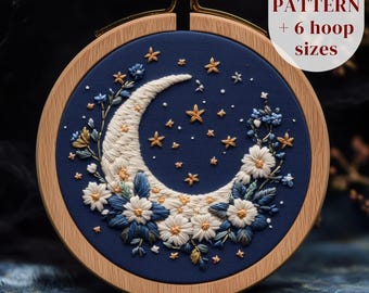 Celestial Hand Embroidery Design, Floral Moon Embroidery Pattern, Celestial DIY Embroidery PDF Template, Printable Stitching Craft Pattern