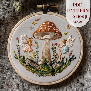 Mushroom and Fairies Hand Embroidery Pattern, Mushroomcore Embroidery Design, Forest DIY Embroidery Art Template, Whimsical Craft Pattern