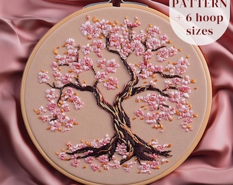 花柄刺繍 木製パーテーション 桜の手刺繍パターン、桜の木の刺繍デザイン、ピンクの桜の花の刺繍PDF