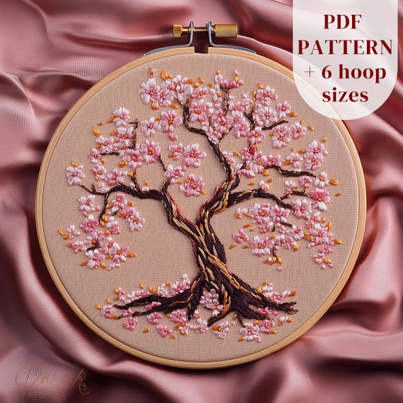 桜の手刺繍パターン、桜の木の刺繍デザイン、ピンクの桜の花の刺繍PDF