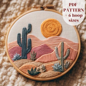 Desert Sunset Landscape Embroidery Pattern, Modern Hoop Art PDF Design, Thread Painting Digital Download