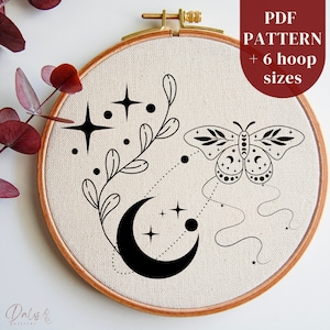 Celestial Hand Embroidery Pattern, Moth and Moon Embroidery Design, Beginner DIY Embroidery Template, Needlepoint Pattern, Digital Download