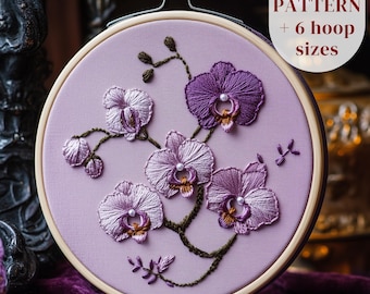 蘭の手刺繍デザイン、秋の花の刺繍パターン、初心者向けステッチテンプレート、花の刺繍クラフト、デジタルダウンロード