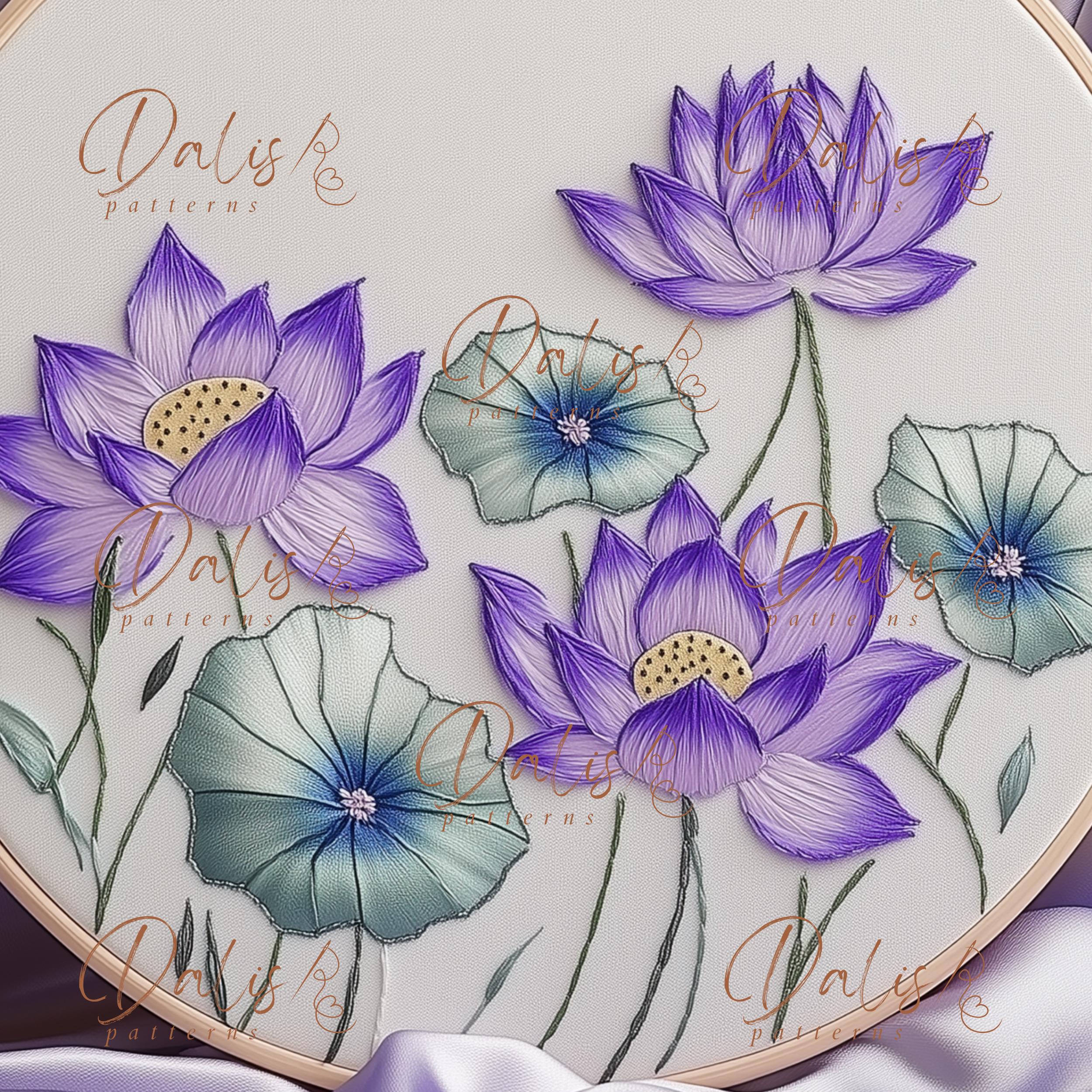 アジアの蓮の花の刺繍デザイン、紫の蓮の手刺繍パターン、花の草原の