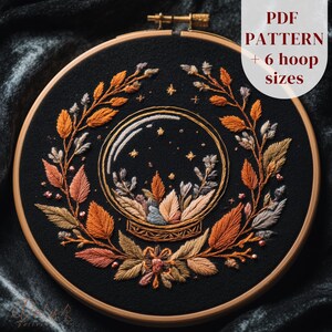Witch Crystal Ball Embroidery Pattern, Gothic Botanical Dark Academia Hoop Art Design