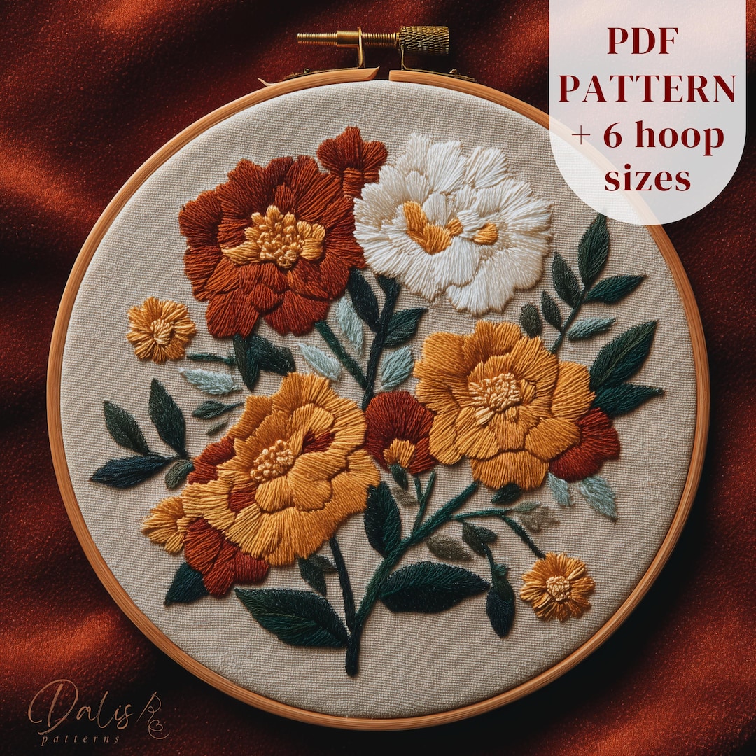 Marigold Embroidery Pattern, Modern Boho Floral Hoop Art Design ...