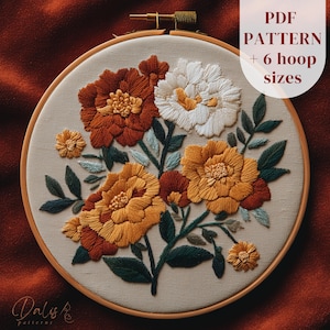 Marigold Embroidery Pattern, Modern Boho Floral Hoop Art Design, Digital PDF File