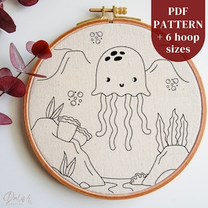 Jellyfish Hand Embroidery Pattern, Ocean Life Embroidery PDF Design, Sea Animal Embroidery Template, Stitching Pattern, DIY Embroidery Craft