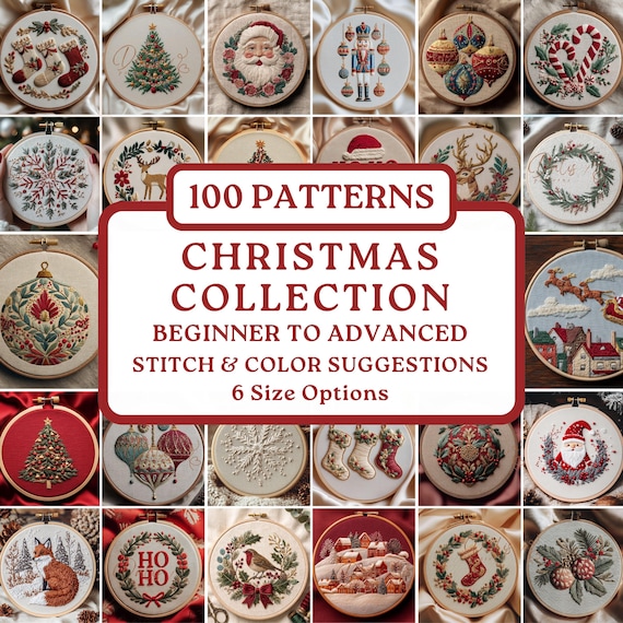 Christmas Embroidery Pattern Bundle, Holiday Season Hoop Art Designs, Stitching Guide (PDF Download)