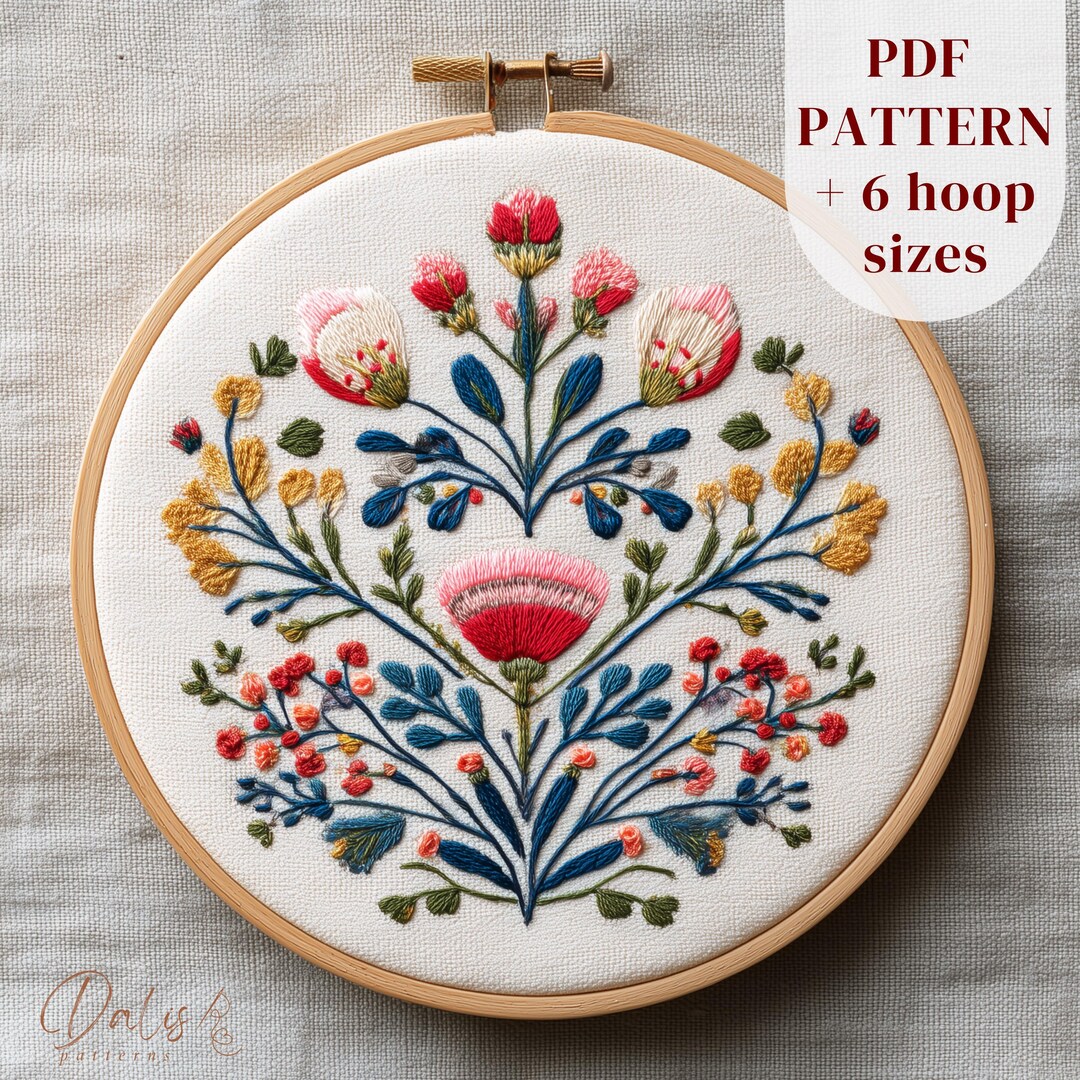 Folk Art Flowers Hand Embroidery Pattern - Scandinavian Floral Hoop Art ...