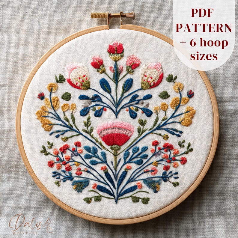 Folk Art Flowers Hand Embroidery Pattern - Scandinavian Floral Hoop Art ...