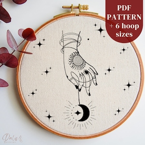 Celestial Embroidery PDF Pattern Template, Sun, Moon, Stars DIY Embroidery Hoop Art Design, Hand Stitching Design for Needlepoint Beginners