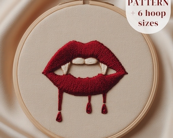 Vampire Lips Embroidery Pattern, Halloween Hand Embroidery Design, Gothic Embroidery PDF Template, Gothic Thread Painting Art, DIY Craft