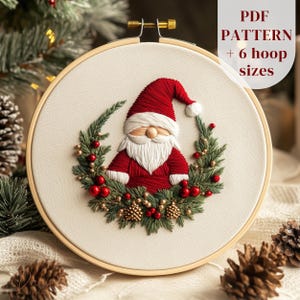 Christmas Gnome Hand Embroidery Pattern, Christmas Embroidery PDF Design, Santa Gnome Embroidery PDF, Christmas Stitching Pattern, DIY Craft