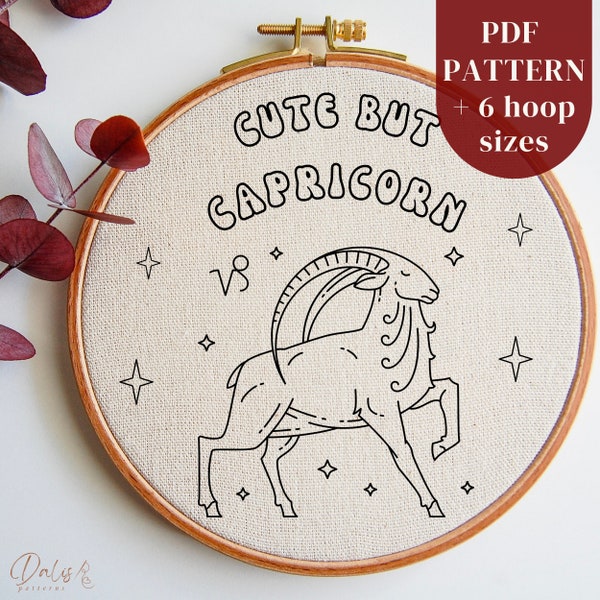 Cute But Capricorn Hand Embroidery Design File, Zodiac Sign DIY Hoop Art Embrodery PDF Pattern for Needlepoint Beginner, Astrology Symbols