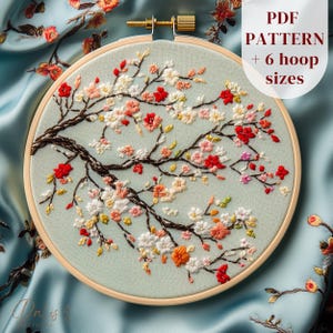 桜の木の手刺繍デザイン、桜の刺繍パターン、春のDIY刺繍テンプレート、桜のステッチ、デジタルダウンロード