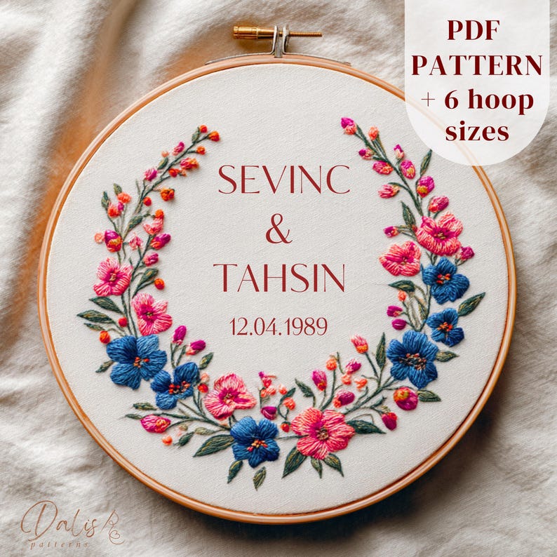 Custom Wedding Hand Embroidery Pattern, Names and Date Hoop Art Design ...