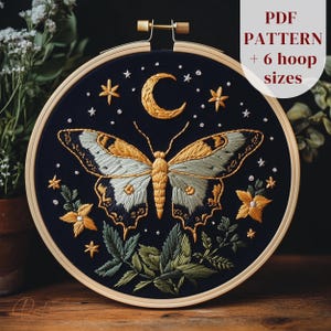 Luna Moth Hand Embroidery Pattern, Celestial Embroidery Design, Insect Stitching Pattern, Whimsical Embroidery Template, Digital Download