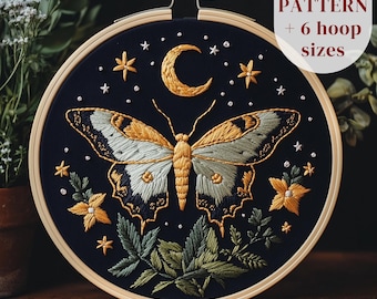 Luna Moth Hand Embroidery Pattern, Celestial Embroidery Design, Insect Stitching Pattern, Whimsical Embroidery Template, Digital Download
