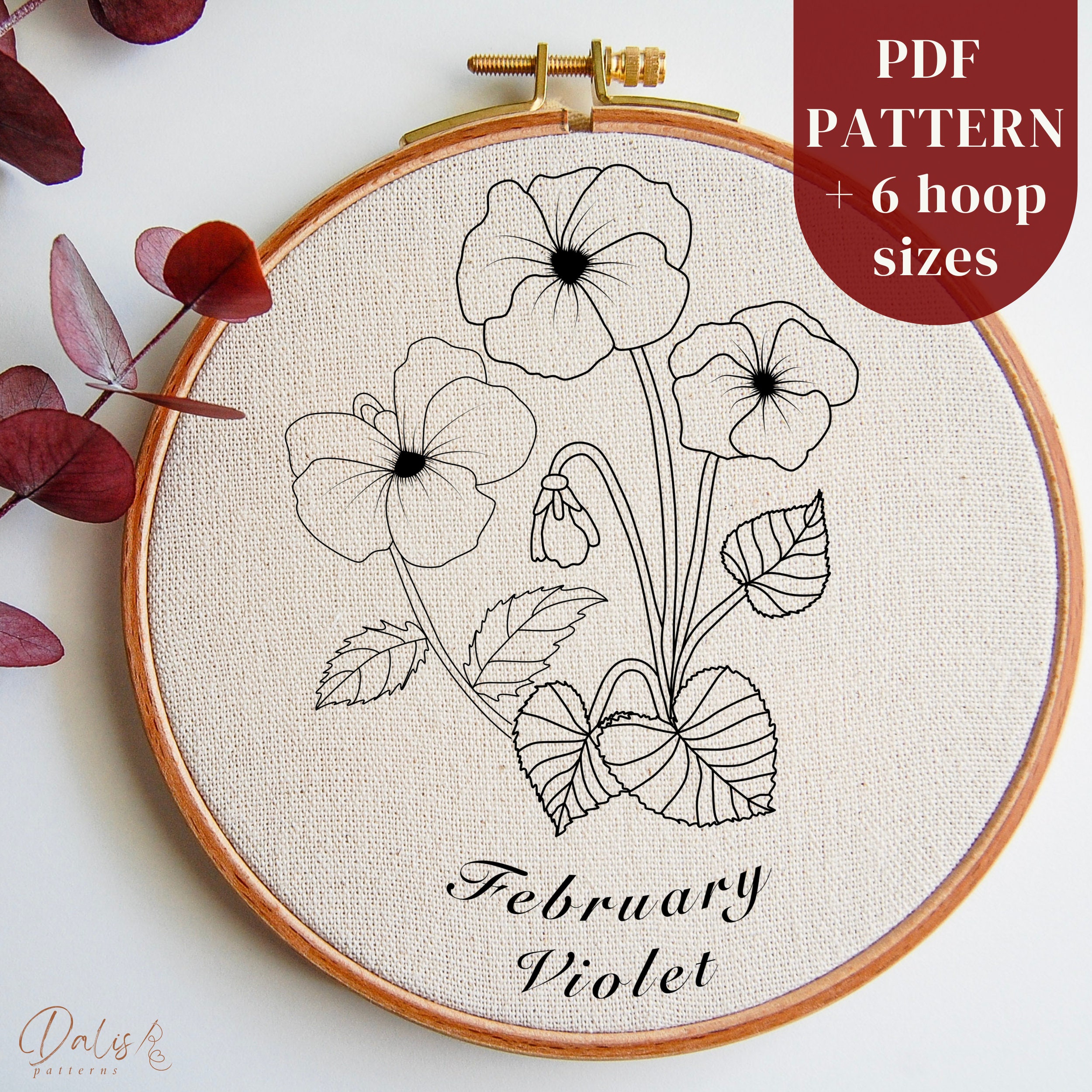 Violet Hand Embroidery PDF Pattern Design, February Birth Month Flower ...