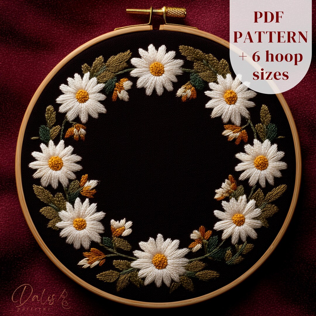 Daisy Wreath Embroidery Pattern, April Birth Flower Hoop Art PDF - Etsy