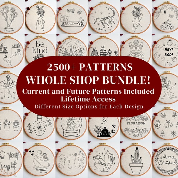 Embroidery PDF Pattern Whole Shop Bundle: Celestial, Witchy, Women, Astrology, Valentines, Christmas, Halloween, Animals, Botanic Designs