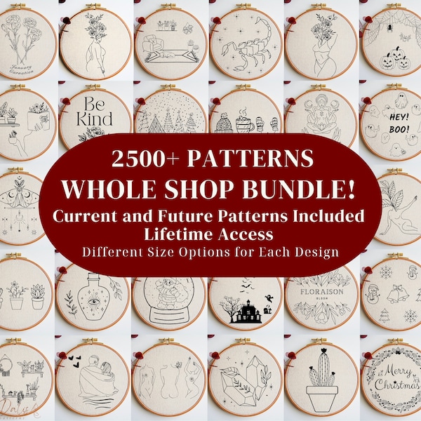 Embroidery PDF Pattern Whole Shop Bundle: Celestial, Witchy, Women, Astrology, Valentines, Christmas, Halloween, Animals, Botanic Designs