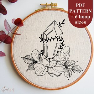 Floral Crystal Embroidery PDF Pattern, Witchy Embroidery Design, Beginner DIY Embroidery Template, Hand Stitching Pattern, Digital Download