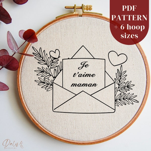 Motif de Broderie Moderne de la Fête des Mères, Mother's Day Hand Embroidery PDF Pattern File, Love U Mom in French, Handmade Gift for Moms