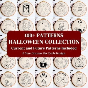 May include: A collection of Halloween-themed embroidery patterns displayed in wooden hoops. The designs include a spiderweb, a skull, ghosts, and other spooky motifs. The text on the image reads "100+ PATTERNS HALLOWEEN COLLECTION".