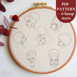 May include: A set of six embroidery patterns featuring black and white line drawings of women with afro hairstyles. The patterns are designed for embroidery hoops and include six different hoop sizes. The text "PDF PATTERN + 6 hoop sizes" is displayed in the top right corner of the image.