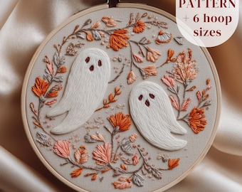 Cute Ghosts Hand Embroidery Design, Haunted Embroidery PDF Pattern, Halloween Thread Painting Pattern, Halloween Embroidery Craft Template